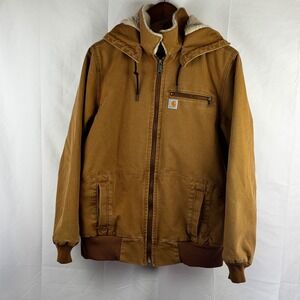 Carhartt Hooded Work Jacket Sherpa Lined Duck Canvas Brown Size L 12/14